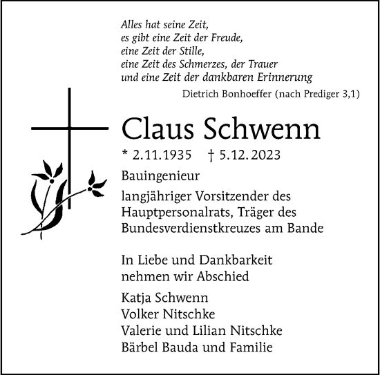 Traueranzeige von Claus Schwenn von Berliner Morgenpost