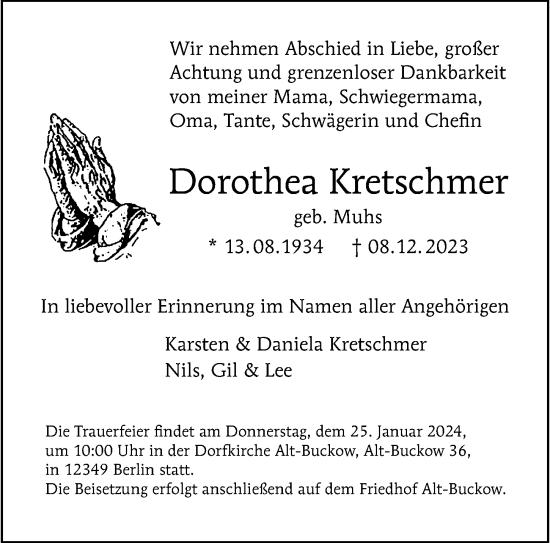 Traueranzeige von Dorothea Kretschmer von Berliner Morgenpost