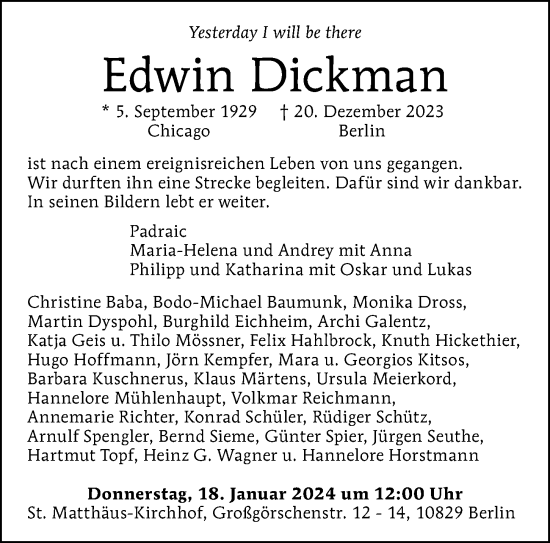 Traueranzeige von Edwin Dickman von Berliner Morgenpost