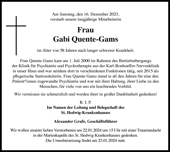 Traueranzeige von Gabi Quente-Gams von Berliner Morgenpost