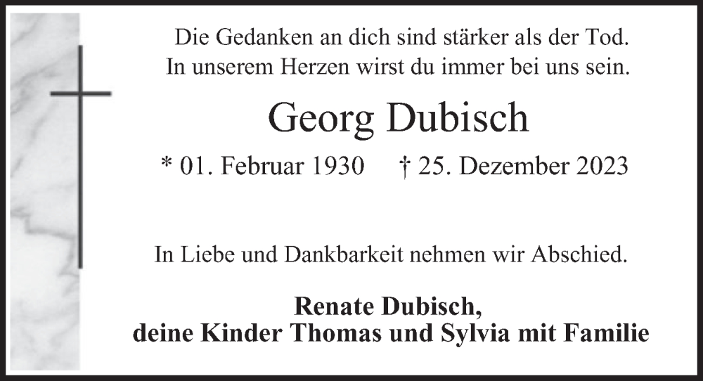  Traueranzeige für Georg Dubisch vom 14.01.2024 aus Berliner Morgenpost
