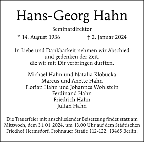 Traueranzeige von Hans-Georg Hahn von Berliner Morgenpost