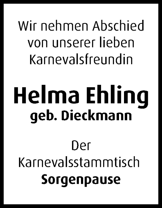 Traueranzeige von Helma Ehling 