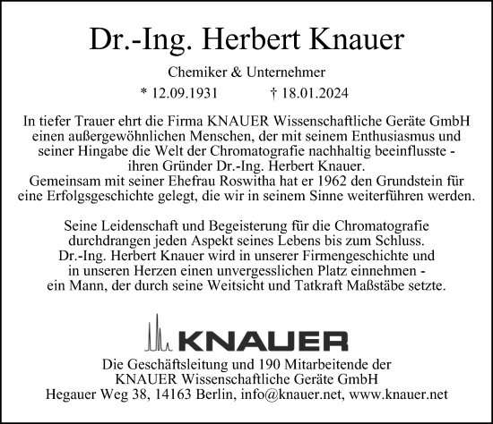 Traueranzeige von Herbert Knauer von Berliner Morgenpost