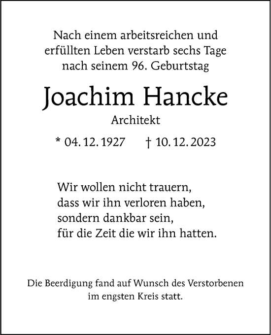 Traueranzeige von Joachim Hancke von Berliner Morgenpost