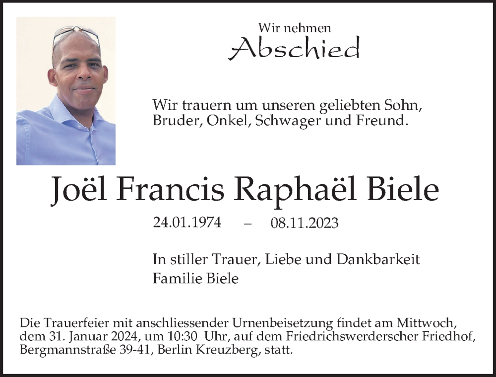  Traueranzeige für Joel Francis Raphael Biele vom 21.01.2024 aus Berliner Morgenpost