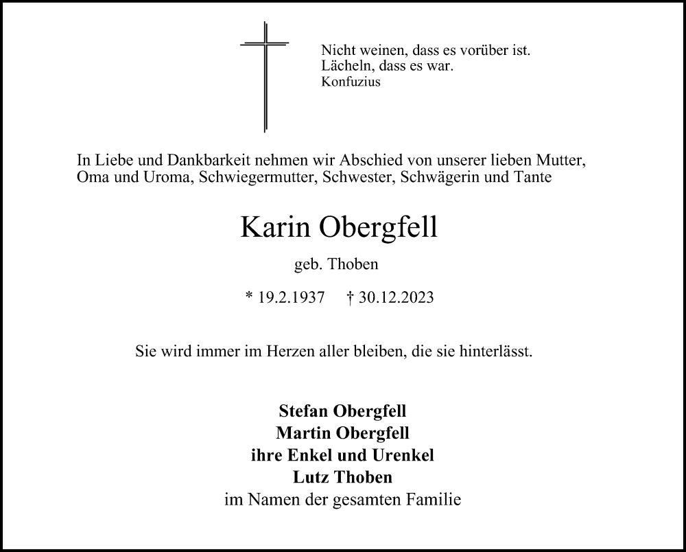  Traueranzeige für Karin Obergfell vom 07.01.2024 aus Berliner Morgenpost