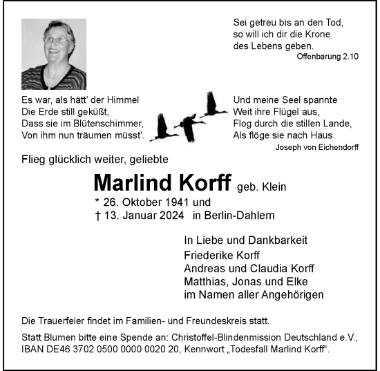 Traueranzeige von Marlind Korff von Berliner Morgenpost