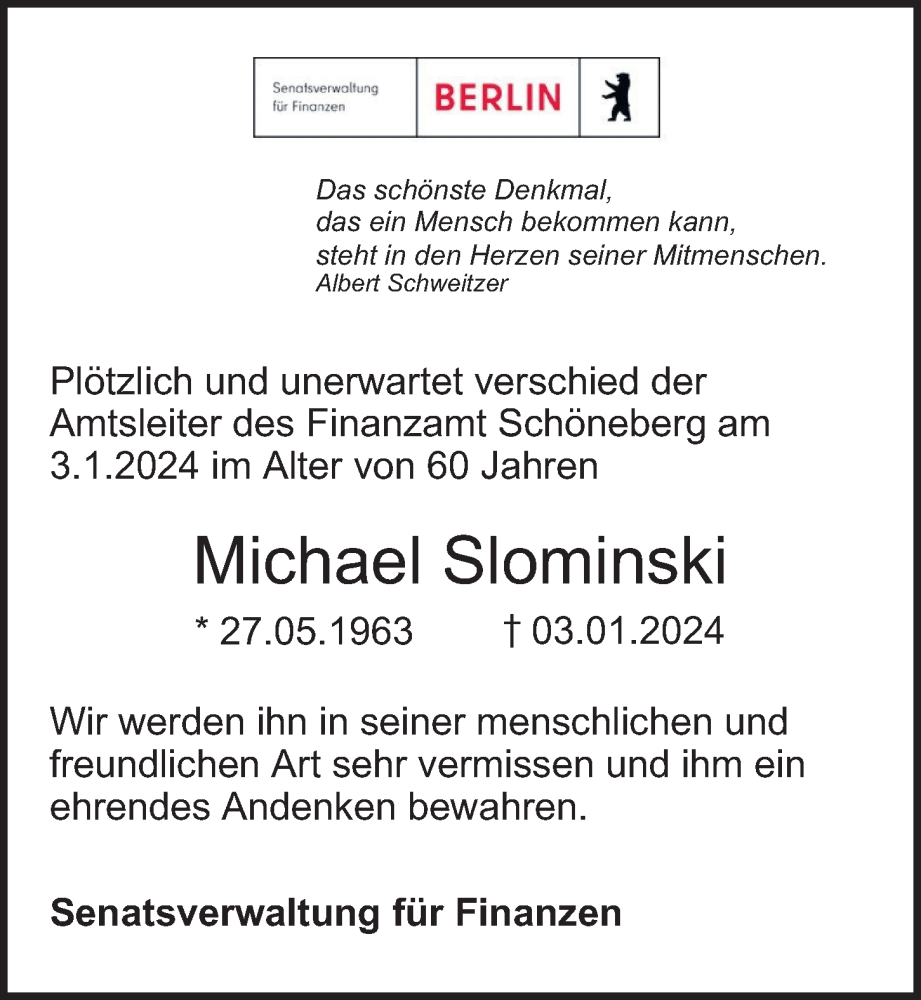  Traueranzeige für Michael Slominski vom 21.01.2024 aus Berliner Morgenpost