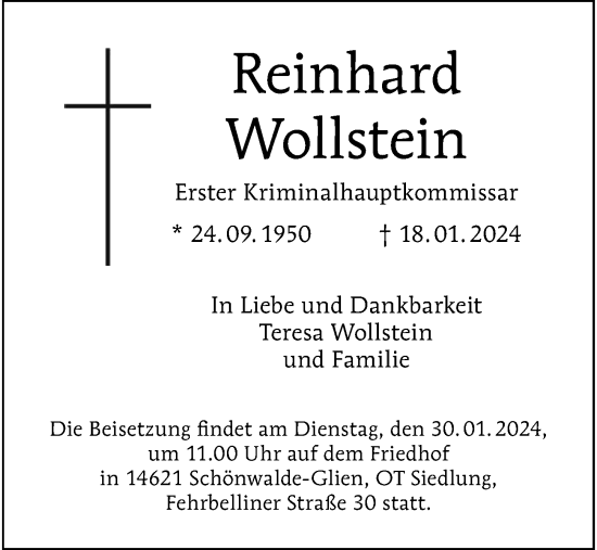 Traueranzeige von Reinhard Wollstein von Berliner Morgenpost