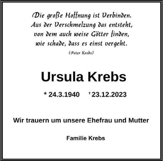 Traueranzeige von Ursula Krebs von Berliner Morgenpost
