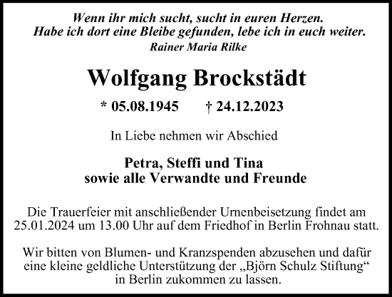 Traueranzeige von Wolfgang Brockstädt von Berliner Morgenpost
