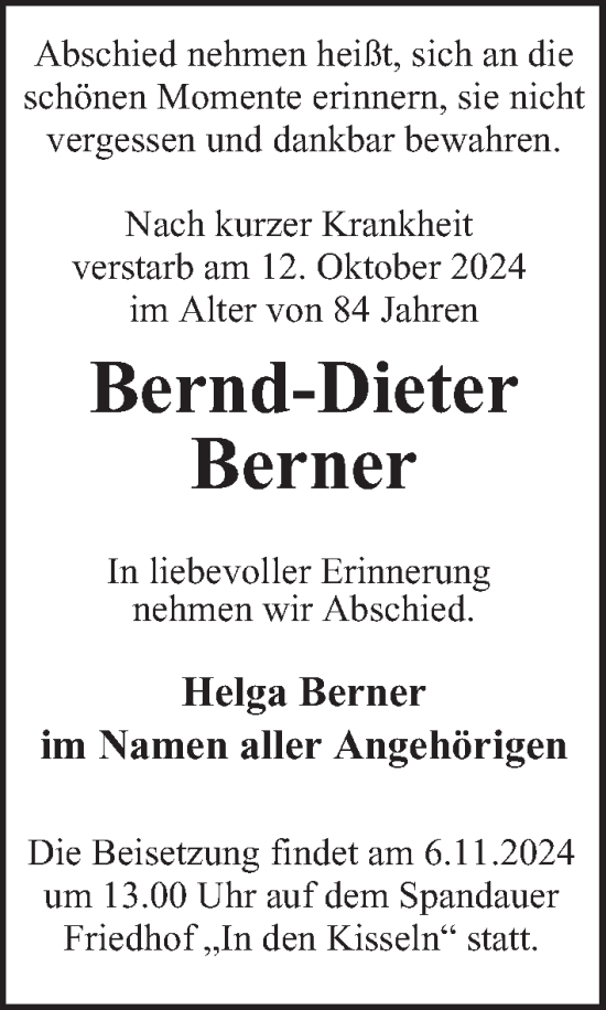 Traueranzeige von Bernd-Dieter Berner von Berliner Morgenpost