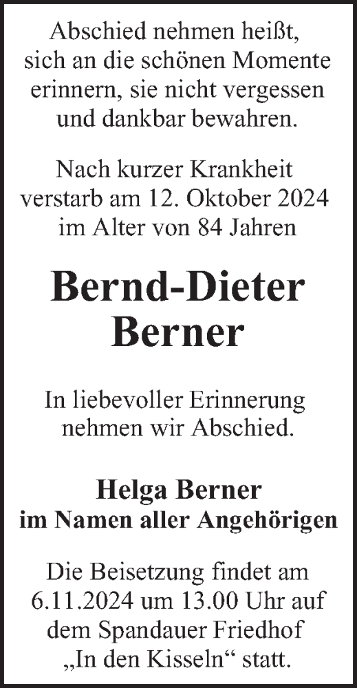 Traueranzeige von Bernd-Dieter Berner 