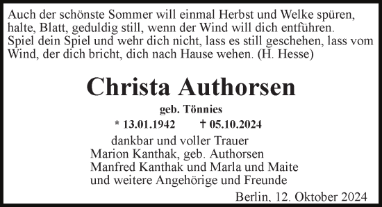 Traueranzeige von Christa Authorsen von Berliner Morgenpost