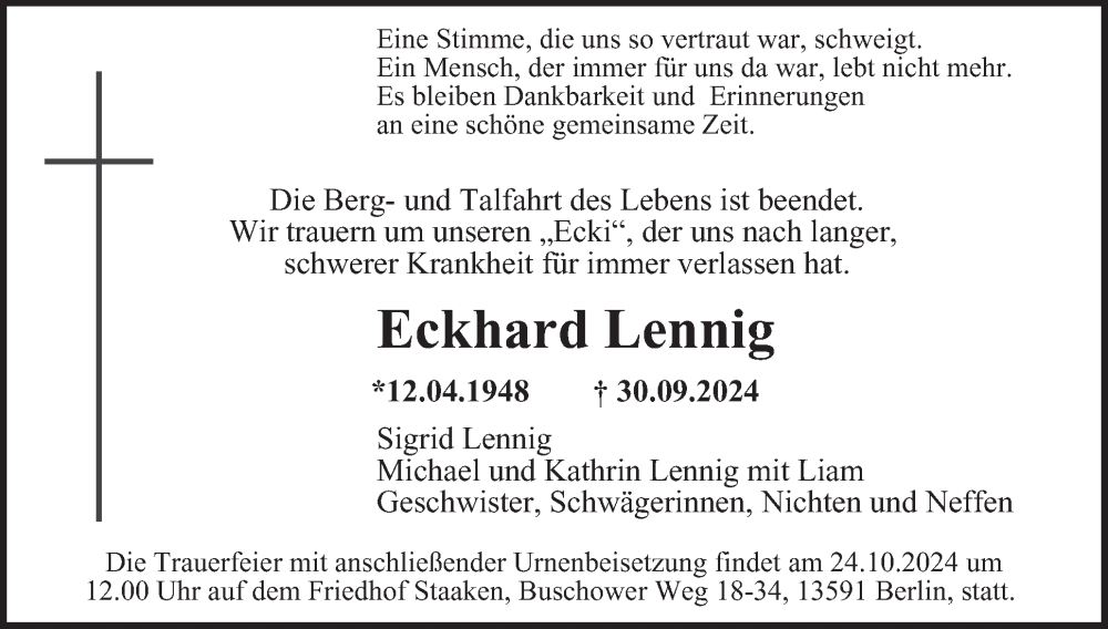  Traueranzeige für Eckhard Lennig vom 12.10.2024 aus 