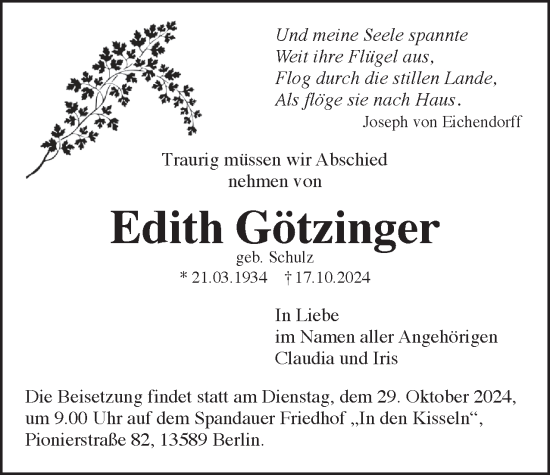 Traueranzeige von Edith Götzinger 