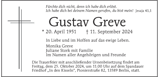 Traueranzeige von Gustav Greve von Berliner Morgenpost