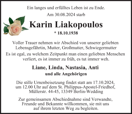 Traueranzeige von Karin Liakopoulos von Berliner Morgenpost