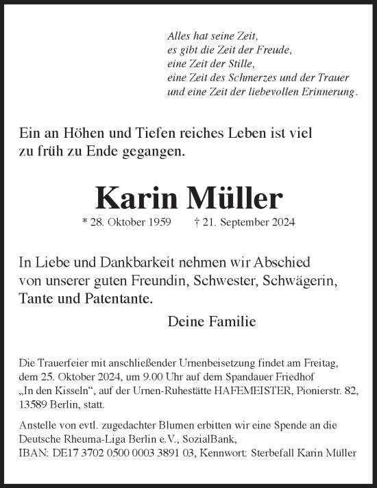 Traueranzeige von Karin Müller 