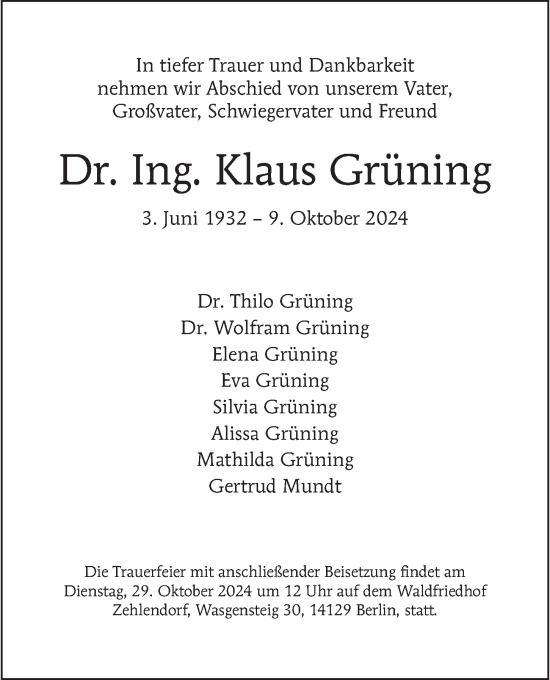 Traueranzeige von Klaus Grpüning von Berliner Morgenpost