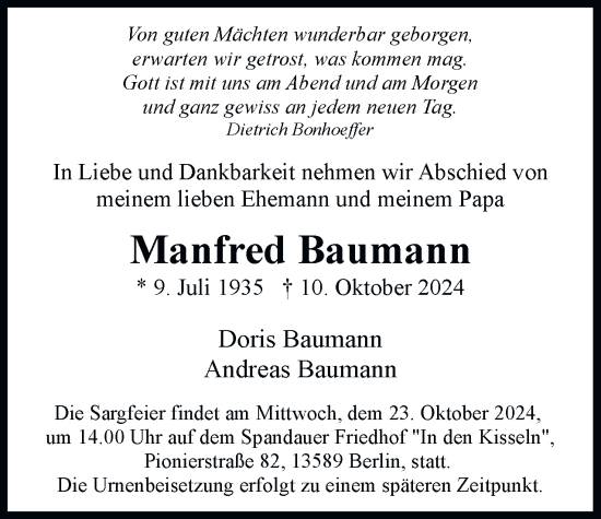 Traueranzeige von Manfred Baumann 