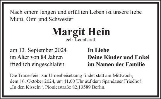 Traueranzeige von Margit Hein 