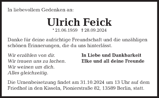 Traueranzeige von Ulrich Feick 