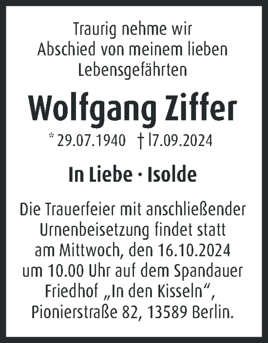 Traueranzeige von Wolfgang Ziffer 