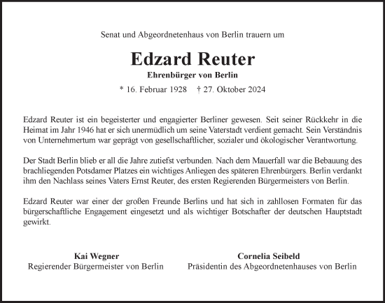 Traueranzeige von Edzard Reuter von Berliner Morgenpost