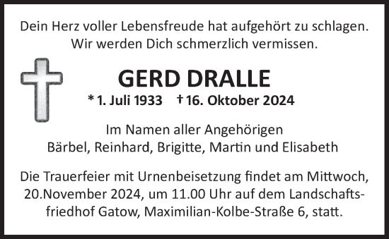 Traueranzeige von Gerd Dralle 