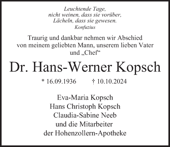 Traueranzeige von Hans-Werner Kopsch 