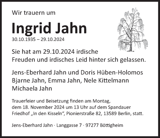 Traueranzeige von Ingrid Jahn 