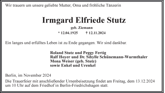 Traueranzeige von Irmgard Elfriede Stutz 