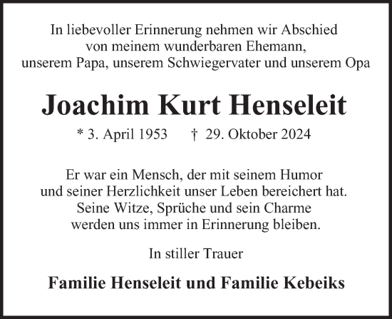 Traueranzeige von Joachim Kurt Henseleit von Berliner Morgenpost