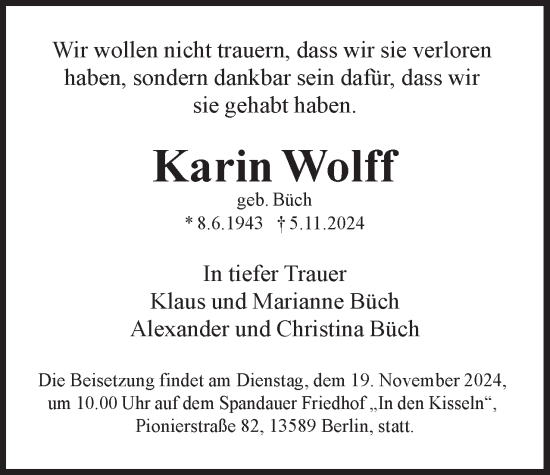 Traueranzeige von Karin Wolff 