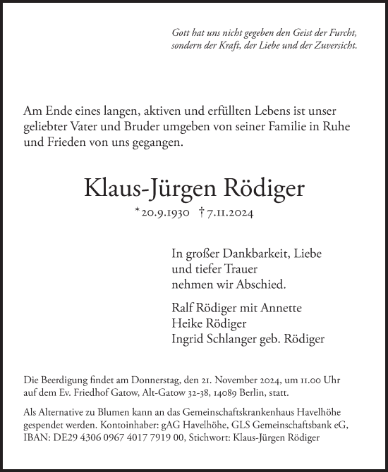 Traueranzeige von Klaus Jürgen Rödiger 