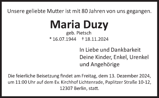 Traueranzeige von Maria Duzy 