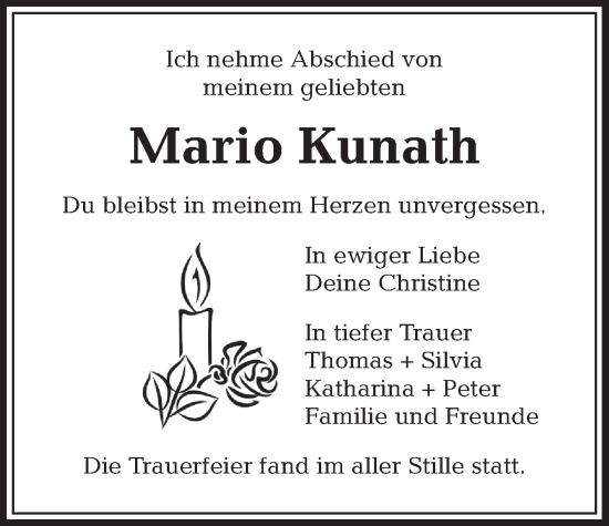 Traueranzeige von Mario Kunath 