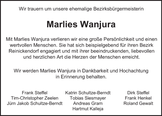 Traueranzeige von Marlies Wanjura von Berliner Morgenpost