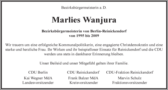 Traueranzeige von Marlies Wanjura von Berliner Morgenpost