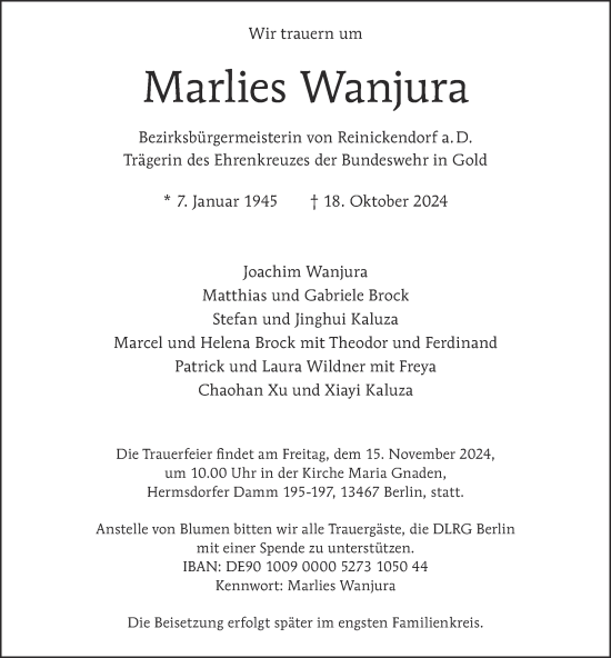 Traueranzeige von Marlies Wanjura von Berliner Morgenpost