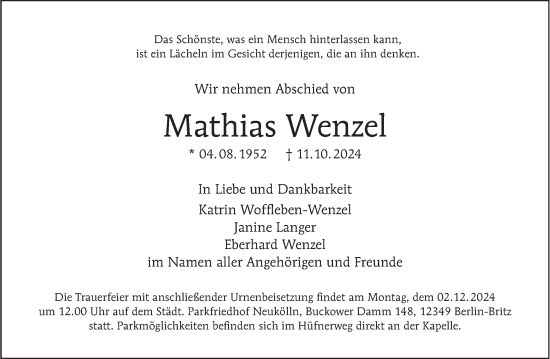 Traueranzeige von Mathias Wenzel von Berliner Morgenpost