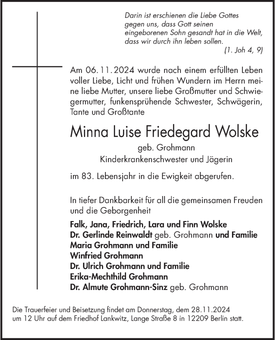 Traueranzeige von Minna Luise Friedegard Wolske von Berliner Morgenpost