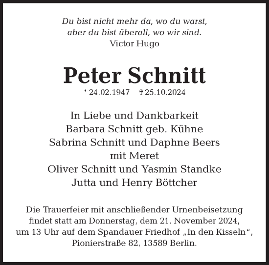 Traueranzeige von Peter Schnitt 