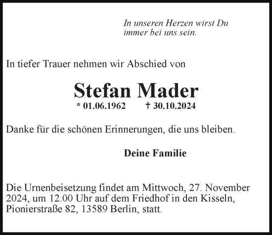 Traueranzeige von Stefan Mader 