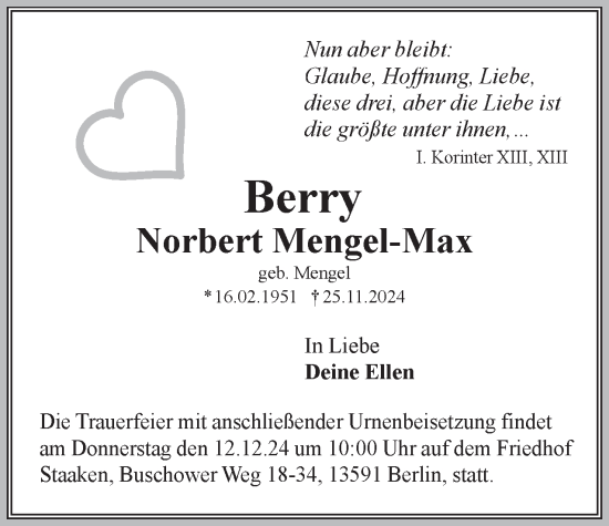 Traueranzeige von Berry Norbert Mengel-Max 