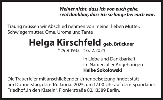 Traueranzeige von Helga Kirschfeld 