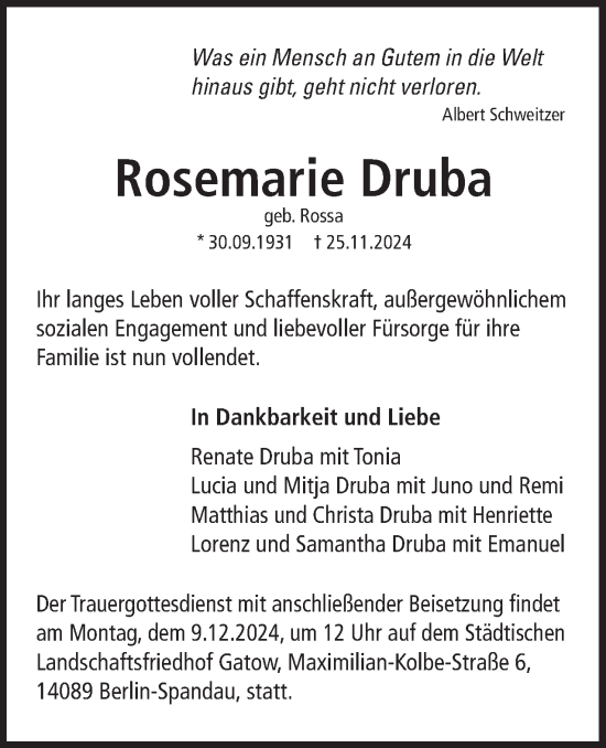 Traueranzeige von Rosemarie Druba 