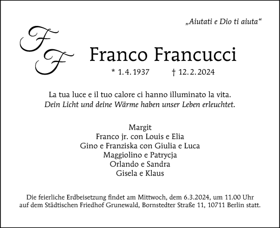 Traueranzeige von Franco Francucci von Berliner Morgenpost